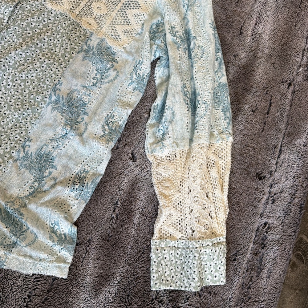 Pol Patchwork Lace Blue Green Button Up Shirt Top… - image 5